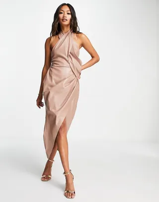 ASOS DESIGN wrap neck drape PU midi dress in taupe