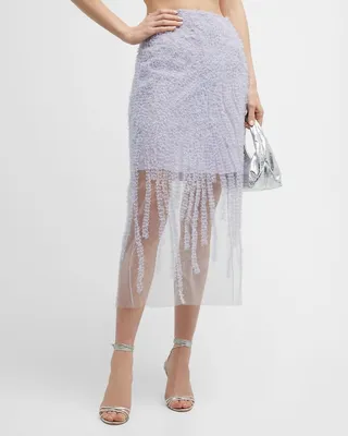 Ruffle Embroidered Tulle Overlay Midi Dress