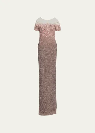 Ombre Signature Sequin Gown with Oversized Crystal Details