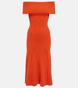 Off-the-shoulder ribbed-knit midi dress