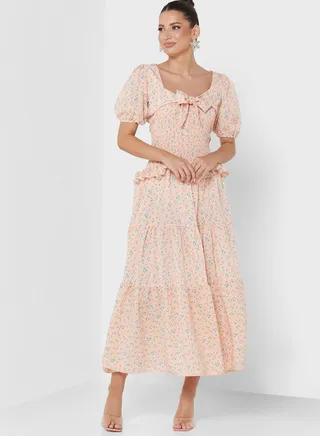 Puff Sleeve Floral Print Ruffle Detail Dress