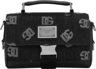 Calfskin and denim crossbody bag with logo