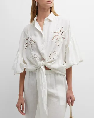 Domba Tie-Front Eyelet Linen Shirt