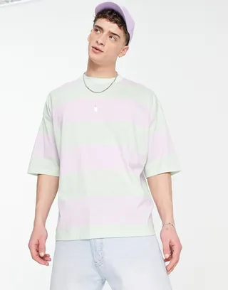 ASOS DESIGN oversized stripe T-shirt in lilac & green color block