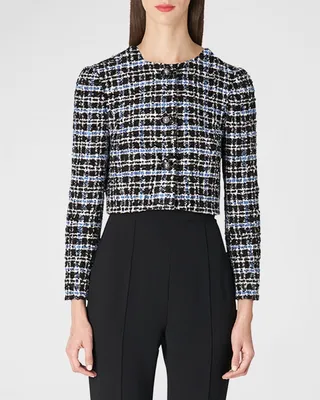 Check Collarless Crop Tweed Jacket