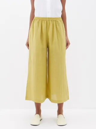 Elasticated-waist Flared Linen Cropped Trousers