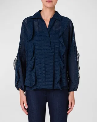 Ruffle Blouson-Sleeve Mesh Organza Collared Blouse