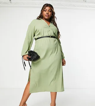 ASOS DESIGN Curve long sleeve shirt midi dress with belt in khaki