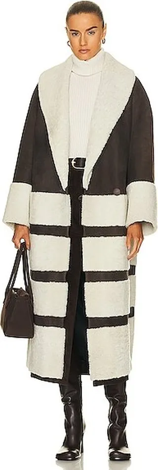 KHAITE Pia Paneled Shearling and Suede Coat in Brown