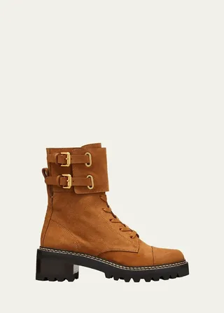 Mallory Suede Buckle-Cuff Moto Combat Booties