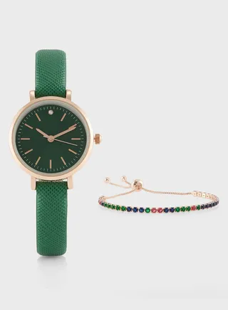 Classic Analogue Watch & Cz Rhinestone Bracelet Gift Set