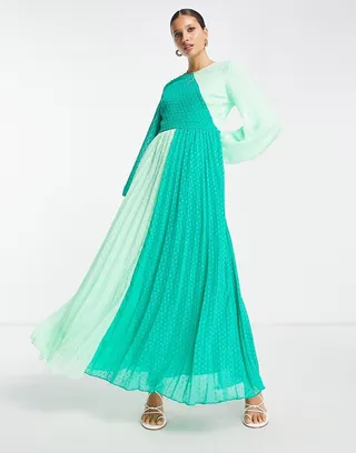 ASOS DESIGN textured pleated maxi dress in green color block