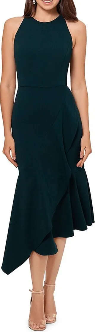 Asymmetric Ruffle Midi Sheath Dress