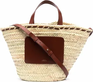 Woman's Zoe Woven Straw Beige And Brown Leather Shopper Bag