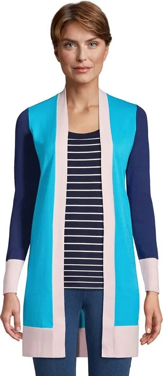 Lands' End Women's Petite Fine Gauge Cotton Long Open Cardigan Sweater - Medium - Island Turquoise Colorblock