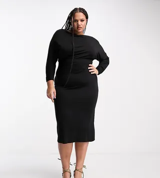 ASOS DESIGN Curve off shoulder midi dress with long sleeve in black