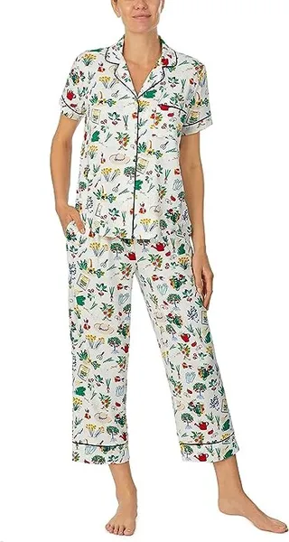 Kate Spade New York Short Sleeve Notch Cropped PJ Set (Green Thumb) Women's Pajama Sets