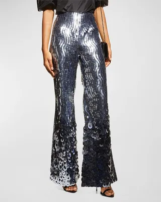 Sequin Embroidered Side-Stripe Flare-Leg Pants