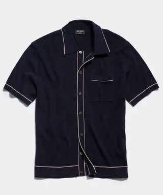 Cotton Silk Short Sleeve Full Placket Riviera Polo in Navy
