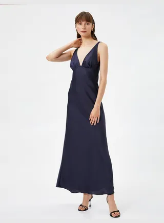 Deep V Neck Thick Strappy Satin Party Dress