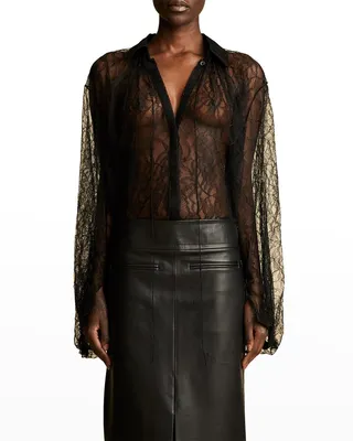 Frances Tie-Neck Silk Lace Collared Top