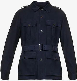 Mens Midnight Belted Spread-collar Regular-fit Suede Jacket