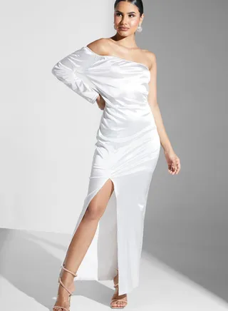 One Shoulder Shimmer Slit Dress