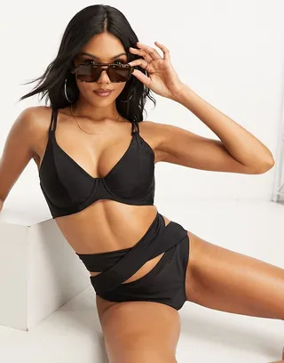 Ivory Rose Fuller Bust high waist cross over bikini briefs in black