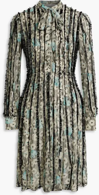 Embellished pintucked printed silk-chiffon dress