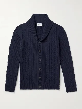 Shawl-Collar Cable-Knit Cashmere Cardigan