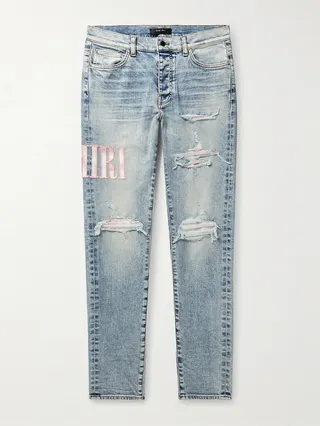 Skinny-Fit Logo-Appliquéd Distressed Jeans
