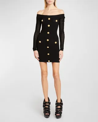 Button-Front Off-The-Shoulder Mesh-Sleeve Mini Dress
