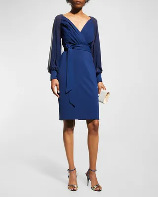 Pleated Sheer-Sleeve Crepe Dress