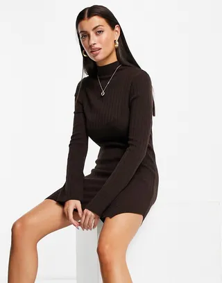 ASOS DESIGN knitted rib mini dress with split detail in brown