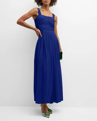 Plisse Sleeveless Silk A-Line Maxi Dress