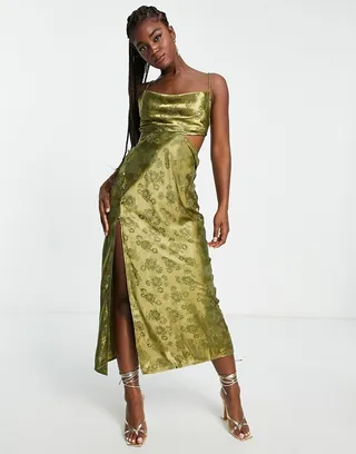 Love Triangle floral jacquard satin maxi dress in khaki
