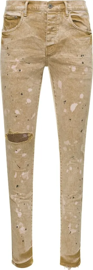 Beige Skinny Ripped Jeans With Paint Stains In Cotton Denim Purple Brand