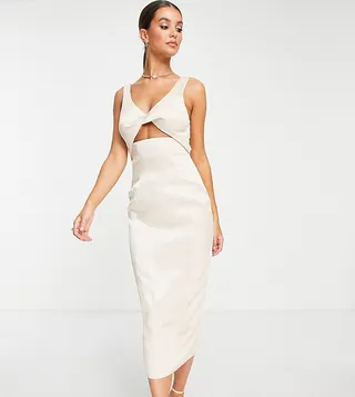 ASOS DESIGN Tall twist detail textured midi dress in stone