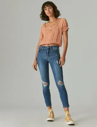 Lucky Brand Women's High Rise Bridgette Skinny Destruct Jean - Medium Dark Blue 27 x 27