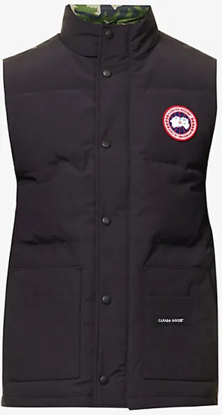 Mens Navy Red Classic Camo Freestyle Brand-appliqué Quilted Woven-down Gilet