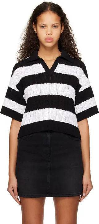 Juun.J Black & White Striped Polo