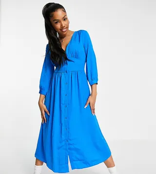 Stradivarius long sleeve satin midi dress in blue