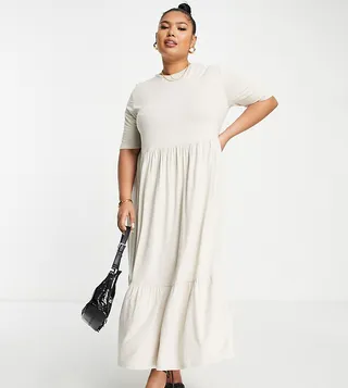 ASOS DESIGN Curve tiered smock T-shirt midi dress in stone
