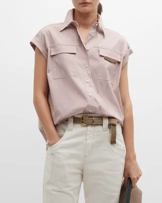 Poplin Cap-Sleeve Button-Down Blouse With Monili Tab