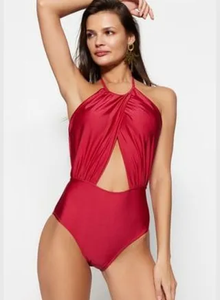 Claret Red Halterneck Swimwear with Cut Out/Windows and Regular Leg TBESS23MA00192