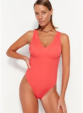 Red V-Neck High Leg Swimsuit TBESS23MA00075