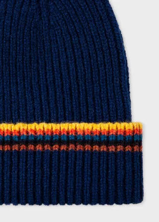 Navy Lambswool Beanie With 'Artist Stripe' Trim