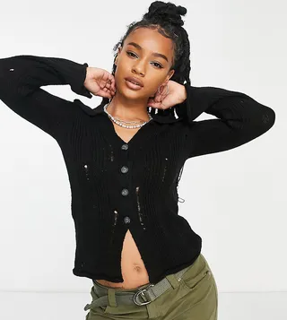 ASOS DESIGN Petite cardigan with collar and distressed ladder stitch in black