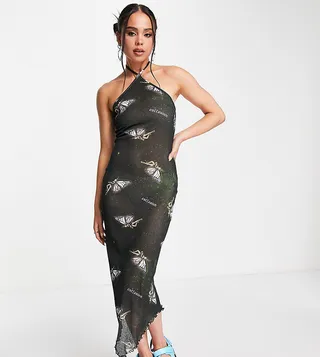 COLLUSION fairy print mesh halterneck midi dress in black