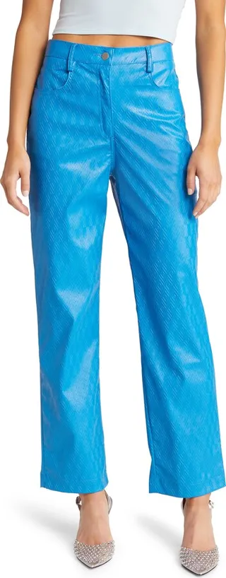 Diamond Print Embossed Faux Leather Straight Leg Pants